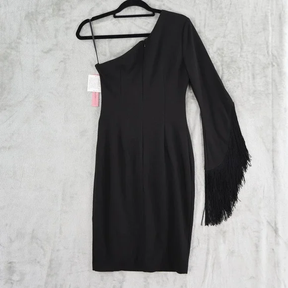 AQUA One Shoulder Fringed Sleeve Sheath Dress Womens 6 Black Formal Holiday NWT - Picture 4 of 16